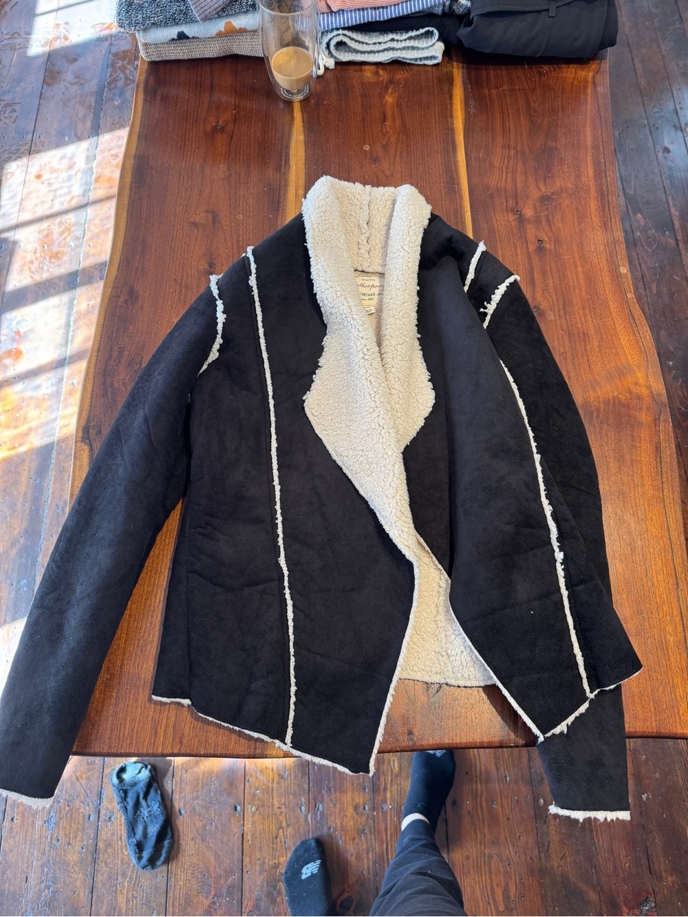 Black Faux-Suede Sherpa-Lined Open Front Cardigan